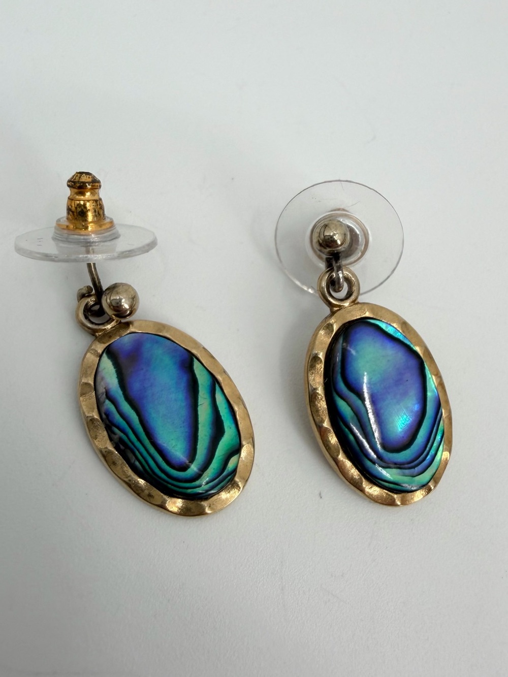 Earrings Faux Abalone Gold Tone Drop with Post Backs Blue Green